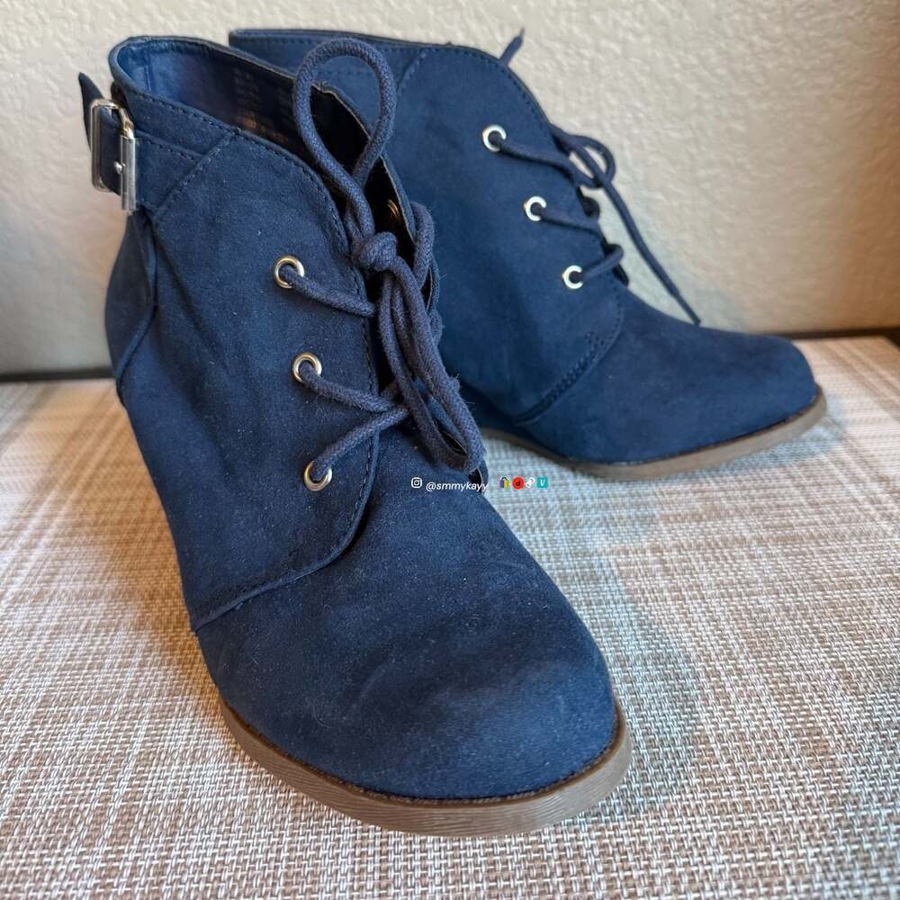 SO Blue Faux Suede Wedge Ankle Boots with Buckle 6.5
